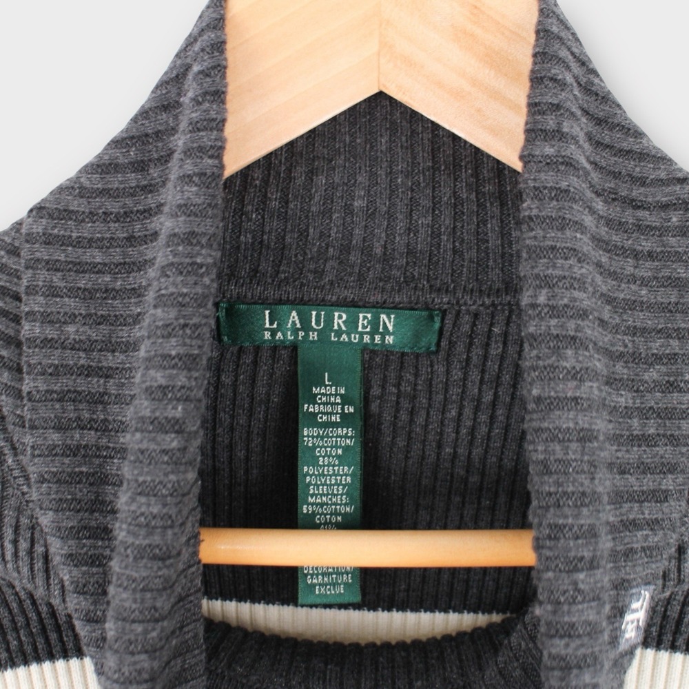 Lauren Ralph Lauren Ribbed Turtleneck Sweater Black Gray Striped Size Large - Picture 4 of 5